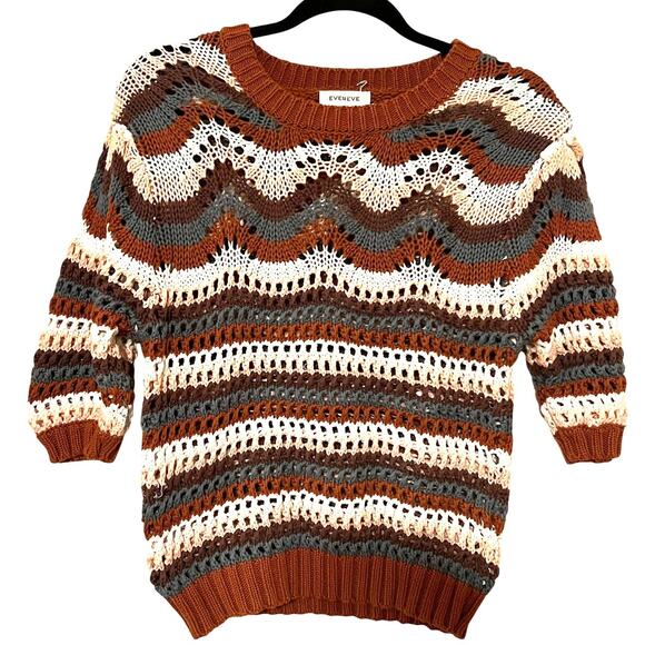 Evereve Arabella Crochet Multicolor Knit 3/4 Sleeve Stripe Sweater Top Sz Small - Picture 3 of 7